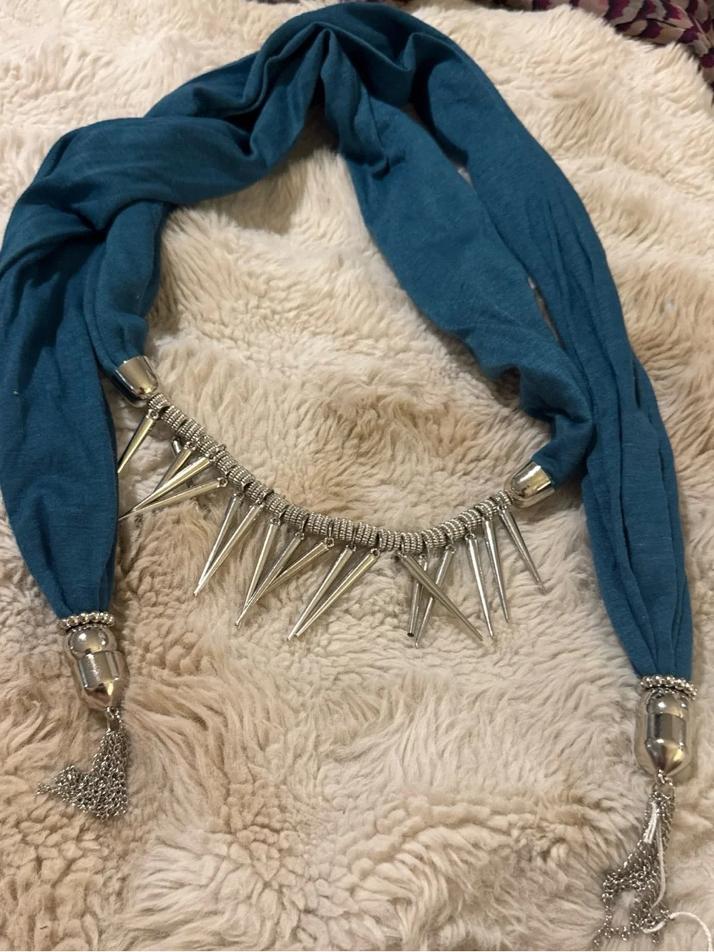 Teal Scarf Necklace with Silver Spike Accents